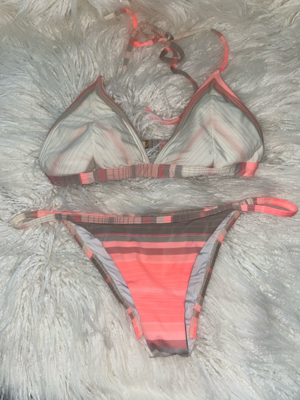 PQ Swim Coral and Gray Striped Triangle Bikini bottom M, top L